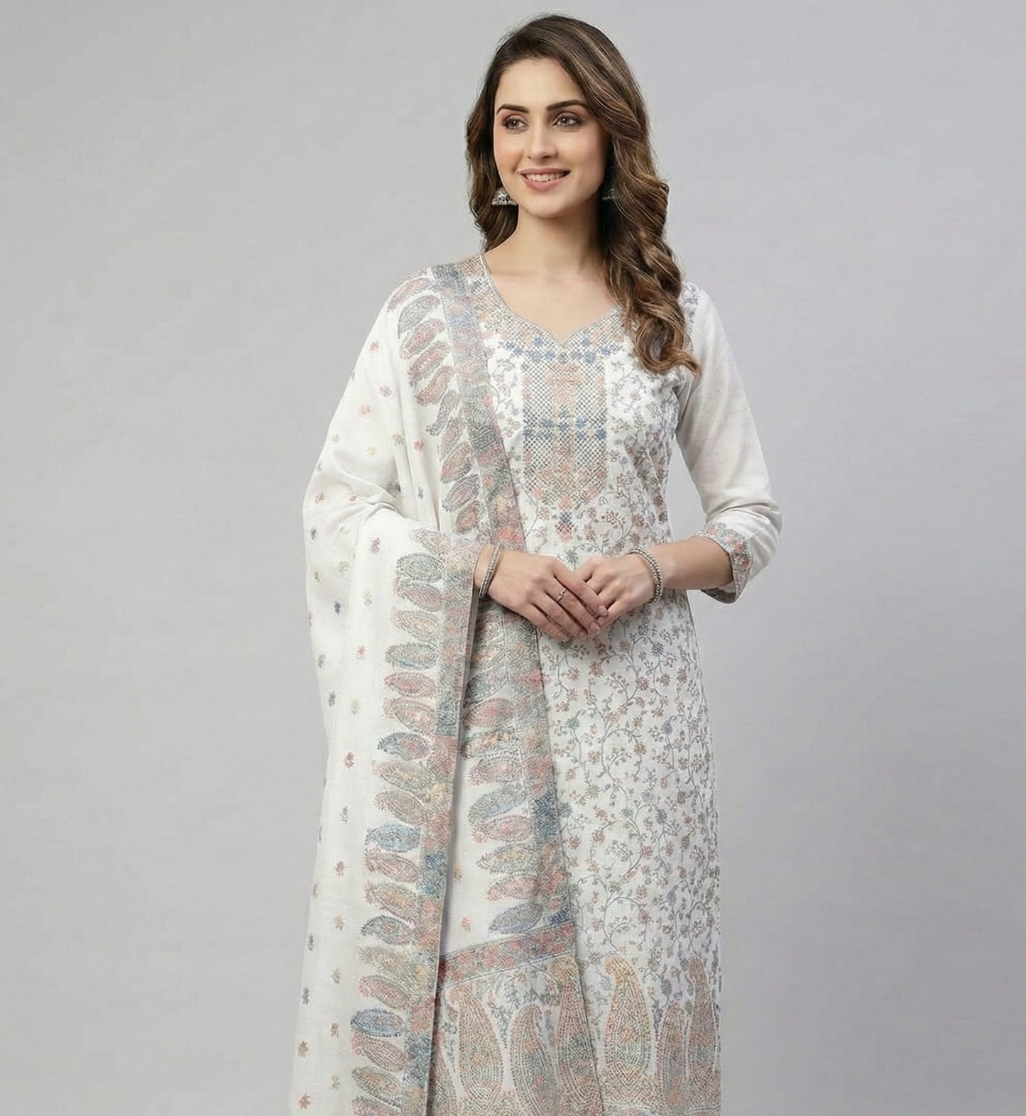 Cream Gold Embroidered Cotton Suit