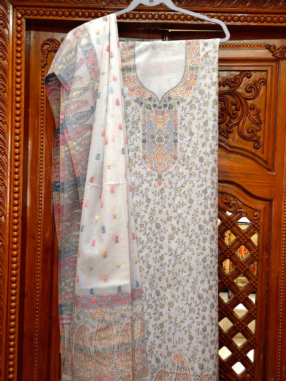 Cream Gold Embroidered Cotton Suit