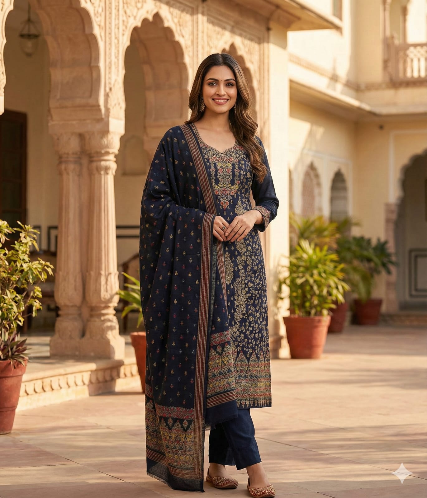 Navy Blue  Cotton Salwar Suit with gold zari weaves
