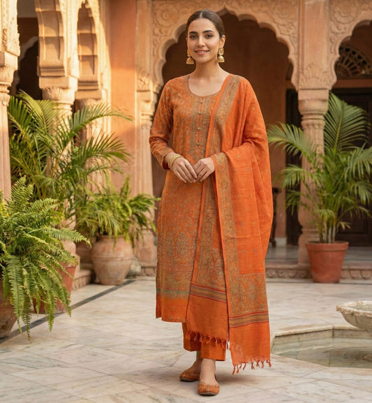 Orange With Gold Embroidered Cotton Suit