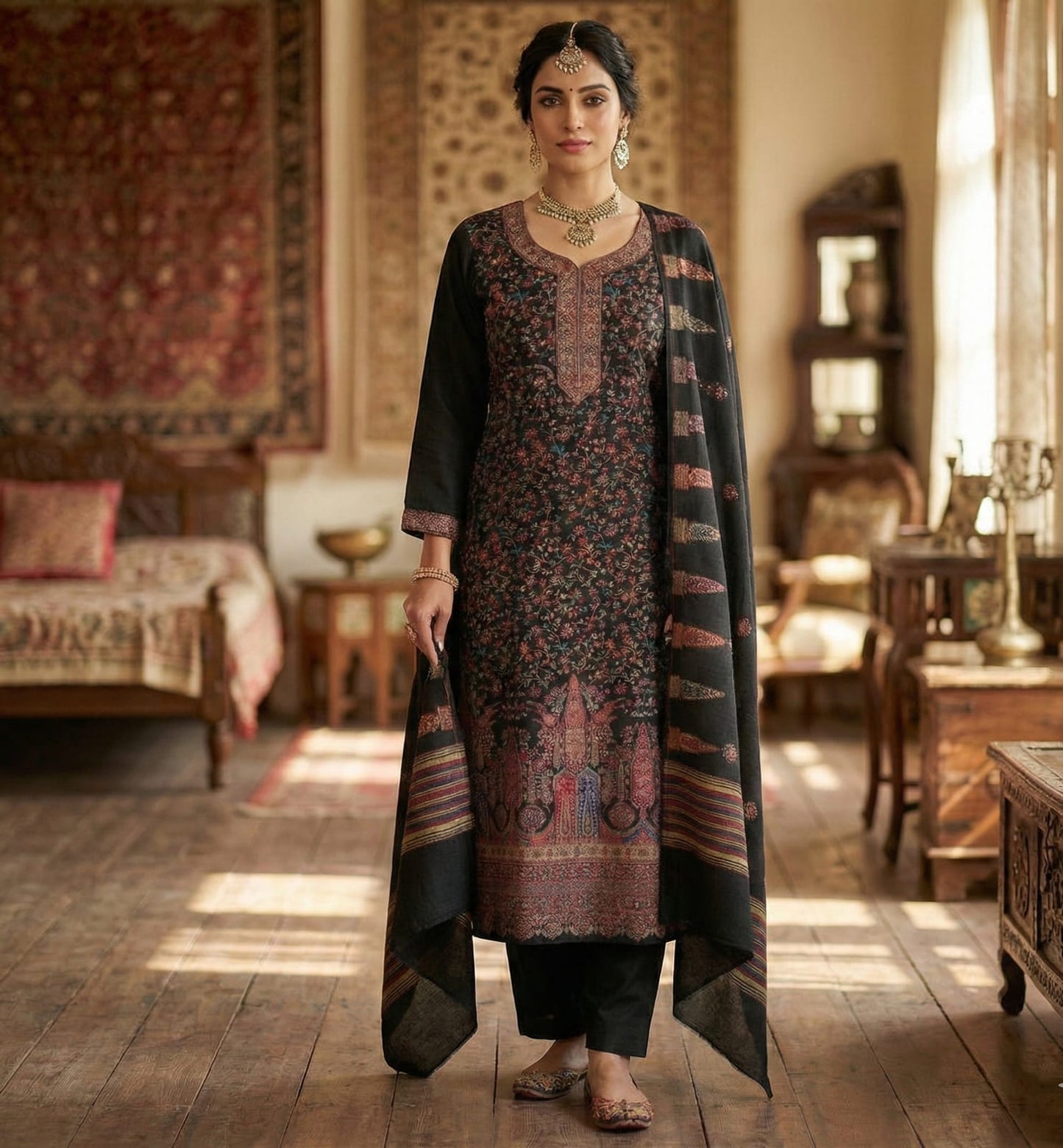 Black & Gold Embroidered Cotton Suit